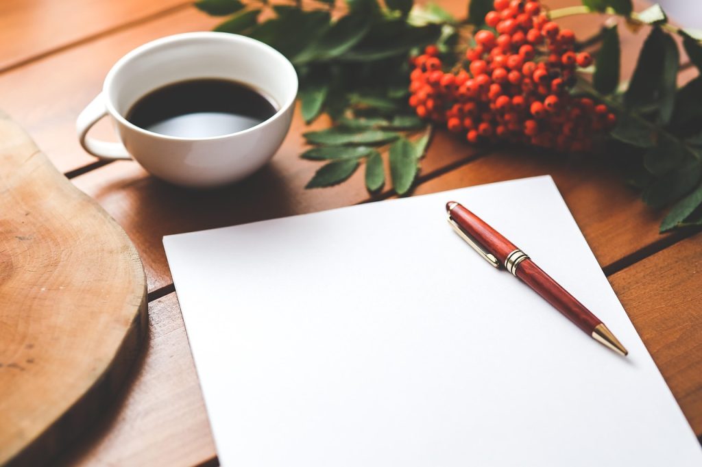 blank, paper, pen, coffee, work, working, desk, wooden table, page, note, blank page, blank paper, white, cup, workspace, coffee cup, workplace